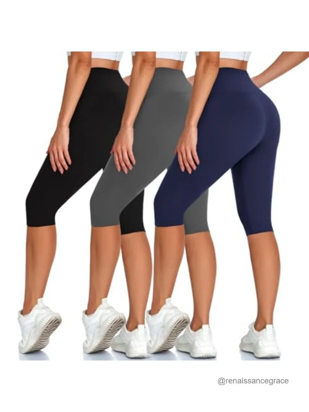 High Waisted Knee Length Capri Leggings 3 Pack Tummy Control Soft Stretchy